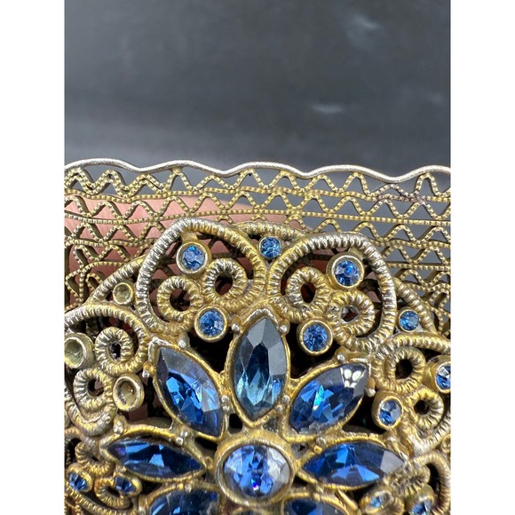 Vintage Filigree Brooch Blue Rhinestones Square Gold Tone - Picture 5 of 8